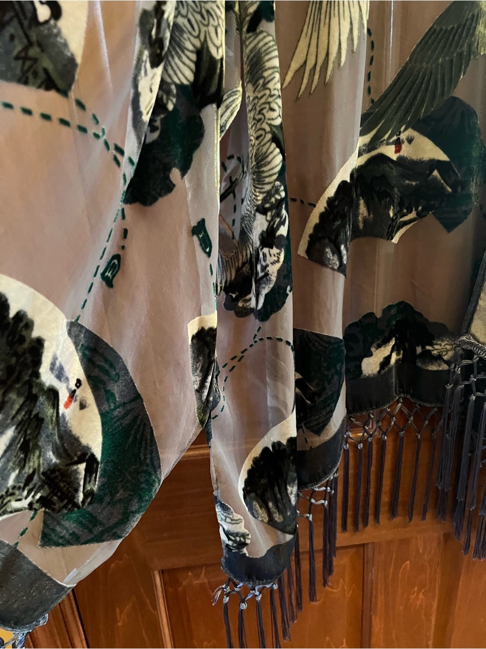 Chico's Kimono Burnout Velvet Open Front with Fringe Green Grey Size S/M - Picture 14 of 17